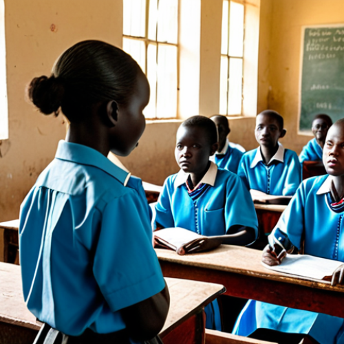 Home 4 **
"A classroom scene in Juba, South Sudan. Students in neat, modest school uniforms are attentively listening to a teacher giving a lesson. The classroom is simple but functional. Bright sunlight streams through the windows. safe for work, appropriate content, fully clothed, professional educational setting, perfect anatomy, correct proportions, natural pose, high quality."
**