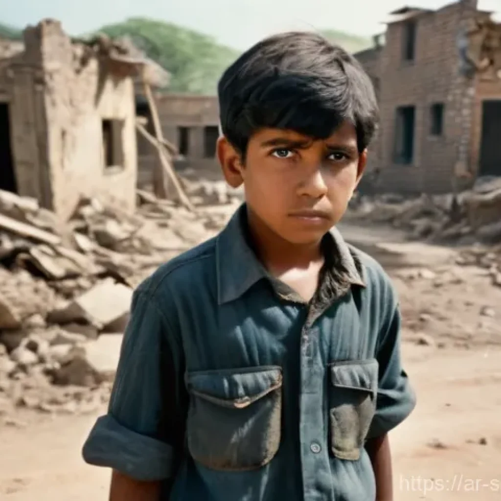 남수단 아동 병사 문제 - **Prompt:** A solemn, pre-teen boy, around 11 years old, with a weary but determined expression. He ...