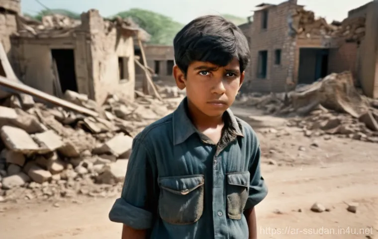 남수단 아동 병사 문제 - **Prompt:** A solemn, pre-teen boy, around 11 years old, with a weary but determined expression. He ...