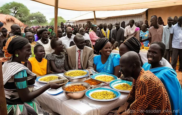 남수단의 결혼 풍습 - **A Lively South Sudanese Wedding Procession:** An energetic outdoor scene depicting a South Sudanes...