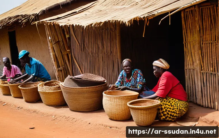 남수단의 전통 무역 방식 - **Prompt:** A vibrant, bustling traditional market in South Sudan, filled with local artisans and tr...