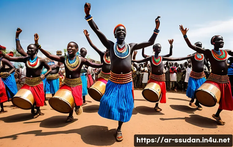 남수단의 유명한 전통 춤 - A vibrant traditional South Sudanese dance scene at a cultural festival, featuring dancers from the ...