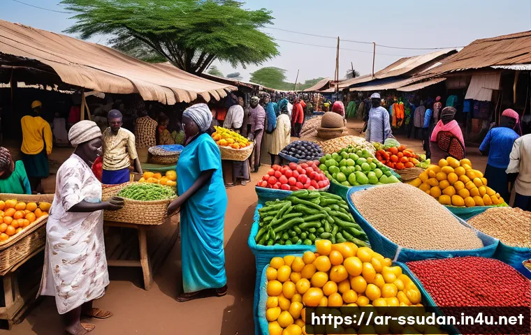 남수단과 우간다 교류 - A vibrant border marketplace scene between South Sudan and Uganda, showcasing diverse vendors sellin...