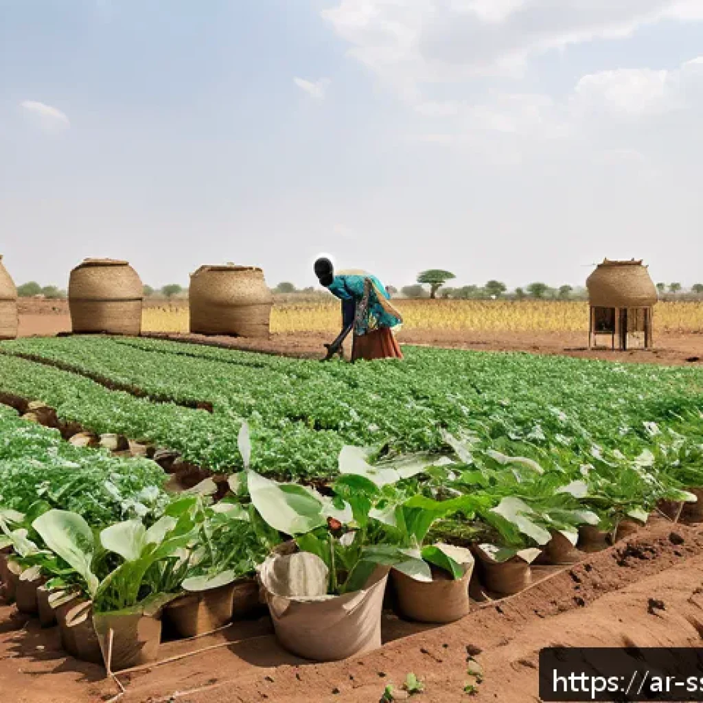 남수단에서 일어나는 자연재해 - A detailed scene of South Sudanese farmers working in a drought-affected agricultural field, plantin...