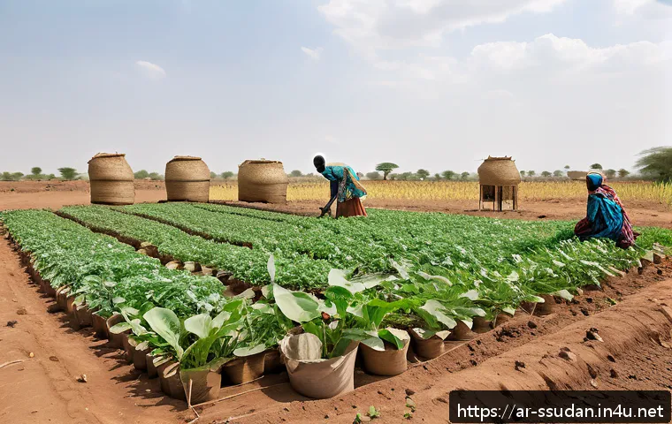남수단에서 일어나는 자연재해 - A detailed scene of South Sudanese farmers working in a drought-affected agricultural field, plantin...