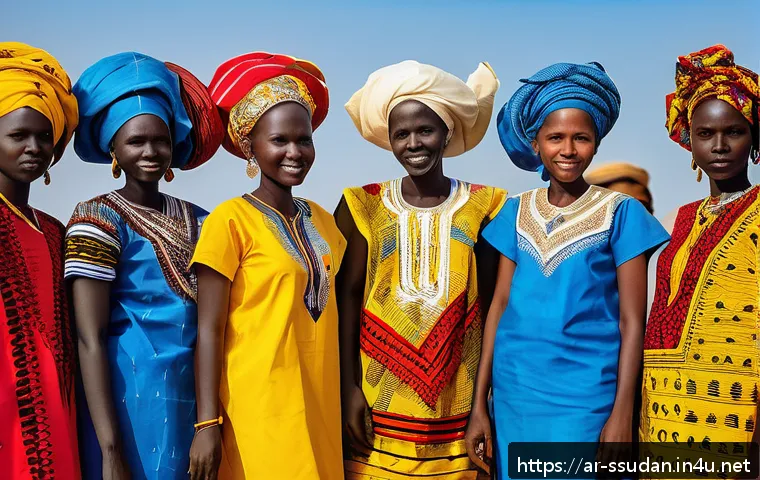 남수단 전통 의상 - A vibrant scene showcasing traditional South Sudanese clothing featuring intricate hand-stitched emb...