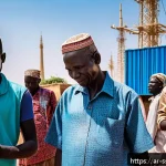 Home 22 남수단 스마트폰 보급률 - A vibrant urban street scene in Juba, South Sudan, showcasing diverse people of different ages using...
