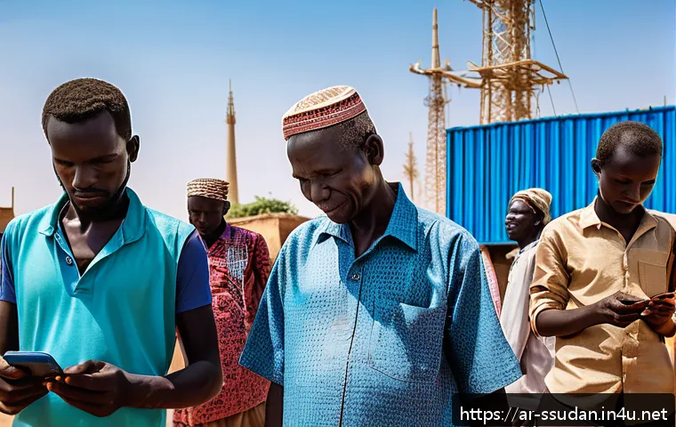 남수단 스마트폰 보급률 - A vibrant urban street scene in Juba, South Sudan, showcasing diverse people of different ages using...