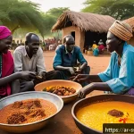 Home 20 남수단 식문화 및 특징 - A vibrant South Sudanese outdoor family meal scene at dusk, featuring a large communal bowl of Asida...