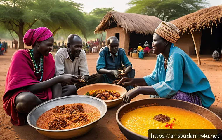 남수단 식문화 및 특징 - A vibrant South Sudanese outdoor family meal scene at dusk, featuring a large communal bowl of Asida...