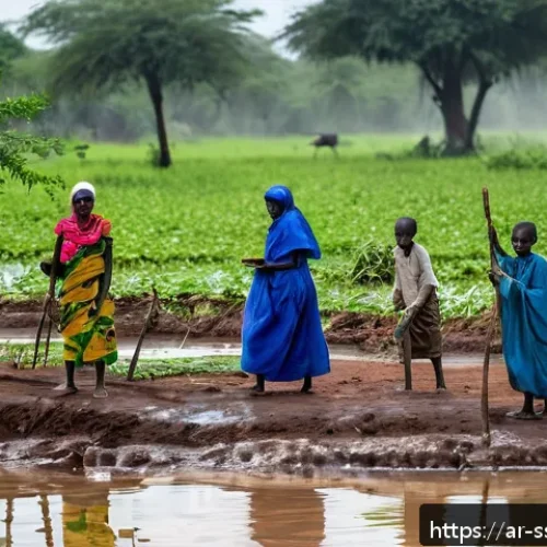 Home 31 남수단에서 주의해야 할 질병 - A detailed scene showing a South Sudanese rural village during the rainy season, with children and a...