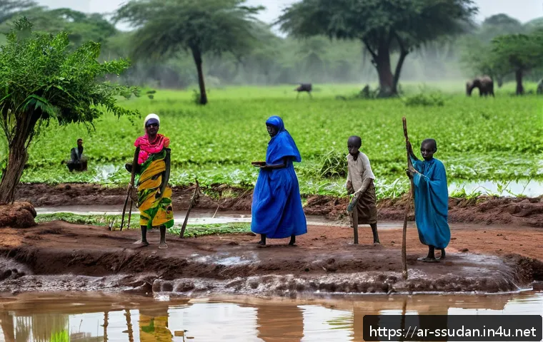 남수단에서 주의해야 할 질병 - A detailed scene showing a South Sudanese rural village during the rainy season, with children and a...
