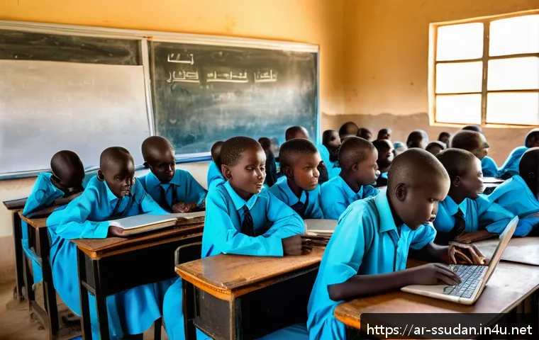 남수단에서 전기 사용 - A vibrant classroom scene in a rural South Sudanese school during daytime, featuring students of div...