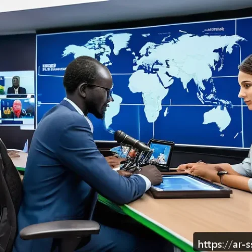 Home 17 남수단 방송국과 뉴스 채널 - A vibrant newsroom scene in South Sudan featuring a diverse team of journalists and camera operators...