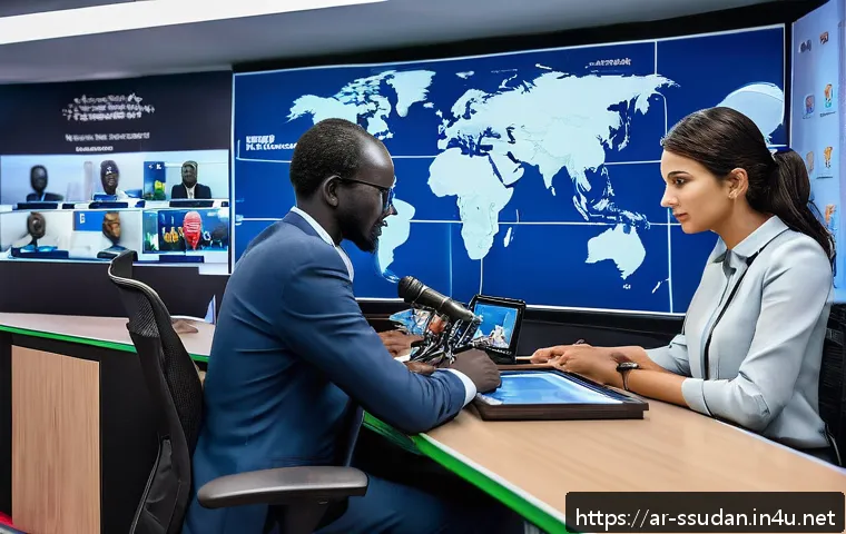 남수단 방송국과 뉴스 채널 - A vibrant newsroom scene in South Sudan featuring a diverse team of journalists and camera operators...