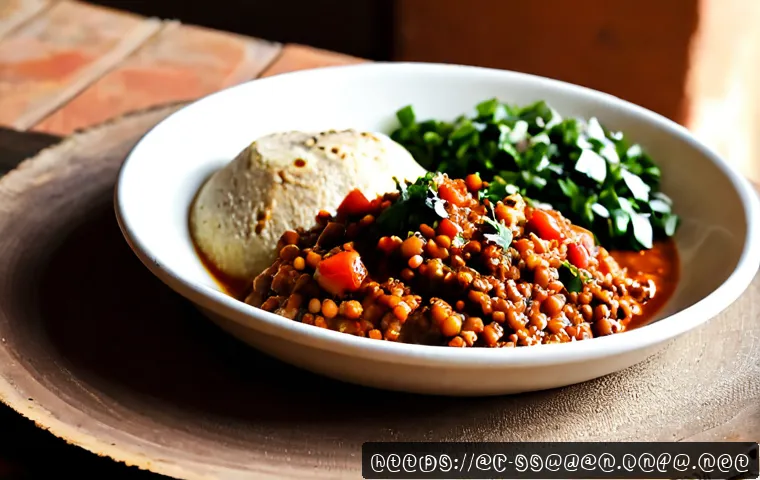남수단 현지 음식 - Photorealistic South Sudanese home-style meal, a smooth mound of sorghum asida served on a simple cl...