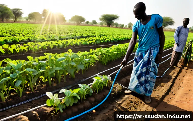 남수단의 농업 개혁 프로그램 - Photorealistic wide-angle scene of South Sudanese farmers working in neatly organized vegetable plot...